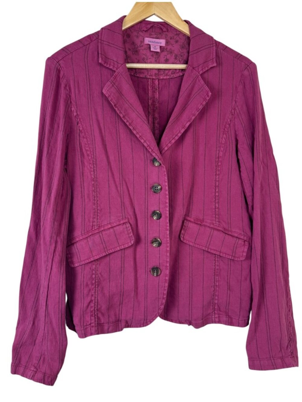 Sundance Linen Blend Burgundy Jacket Size Medium Black Pin Striped Casual Light